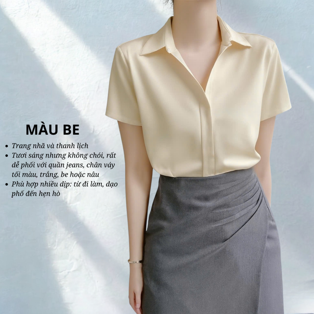 Áo sơ mi nữ tay cộc OXATYL A55 chất vải lụa mềm mặc mùa hè phong cách công sở sang trọng | BigBuy360 - bigbuy360.vn