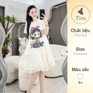 Váy babydoll TIRA MAMA M124 Váy bầu suông ngắn Váy ren phối chân voan tầng in hình dễ thương