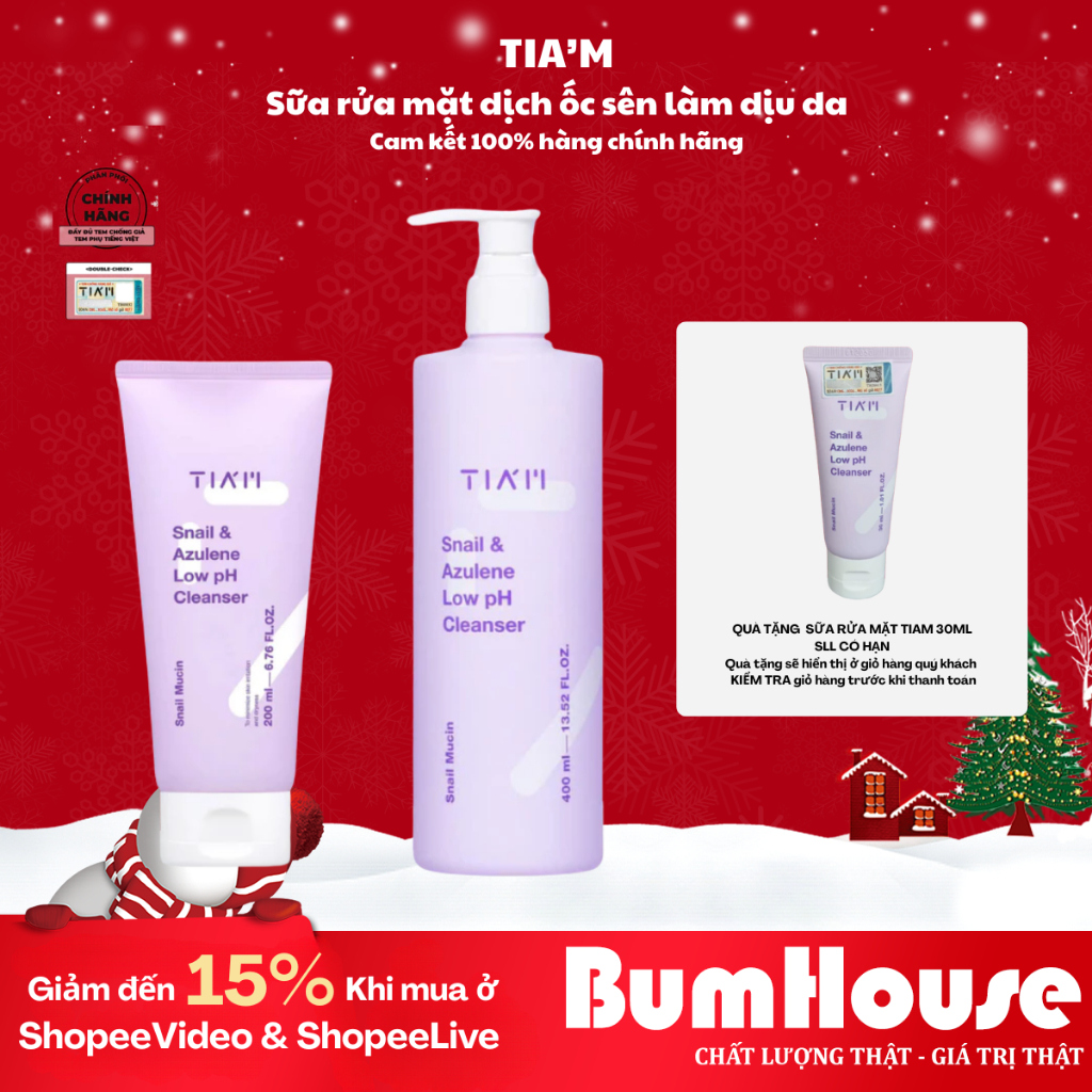 Sữa rửa mặt làm sạch da, cấp ẩm da pH thấp TIAM Snail & Azulene 200ml/400ml | BigBuy360 - bigbuy360.vn