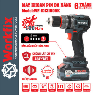  Máy khoan pin WORKFIX WF-ID13100AK Anti-kickback + Tạo xung Lực siết 100Nm Động cơ Không chổi than 13mm 