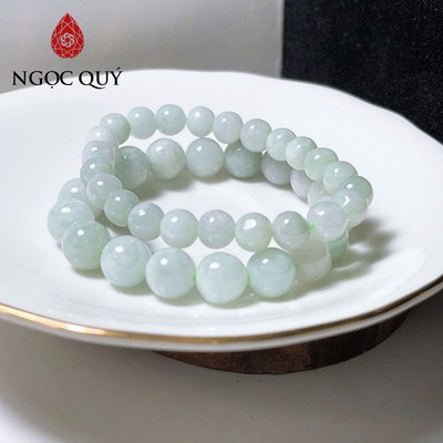 Vòng tay cẩm thạch A - Phỉ thúy xanh táo nhạt chấp nếp type A hạt 8-10mm - Ngọc Quý