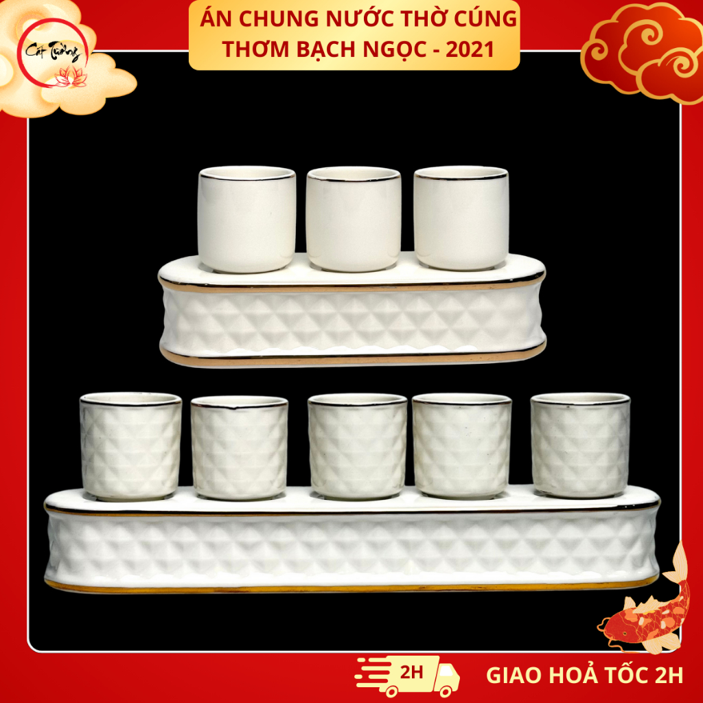 Bộ Án Chung Nước Thờ Cúng Thơm Bạch Ngọc (Bộ 3 Chung & 5 Chung) Loại Sứ Cao Cấp