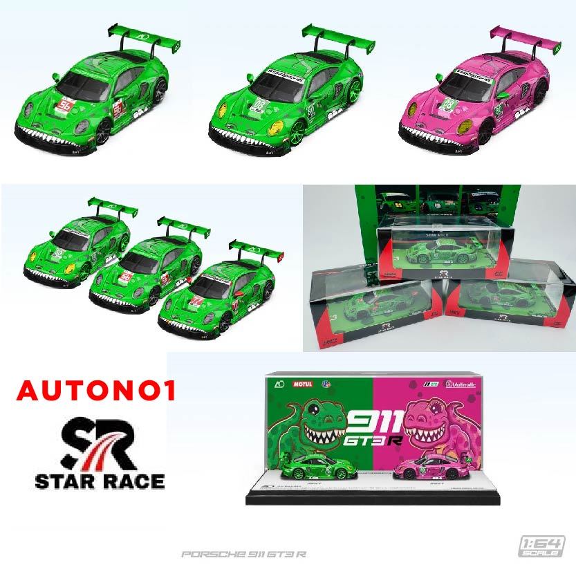 Mô hình xe Porsche GT3 911 Tyrannosaurus Rexy - Roxy #80 #56 #77 green - pink tỉ lệ 1:64 có hộp mica