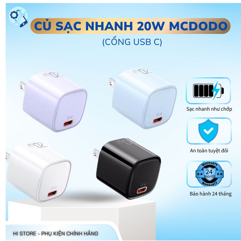 Củ sạc nhanh Mcdodo 20W cổng USB-C PD, Nhựa PC siêu bền, chống cháy Hàng chính hãng