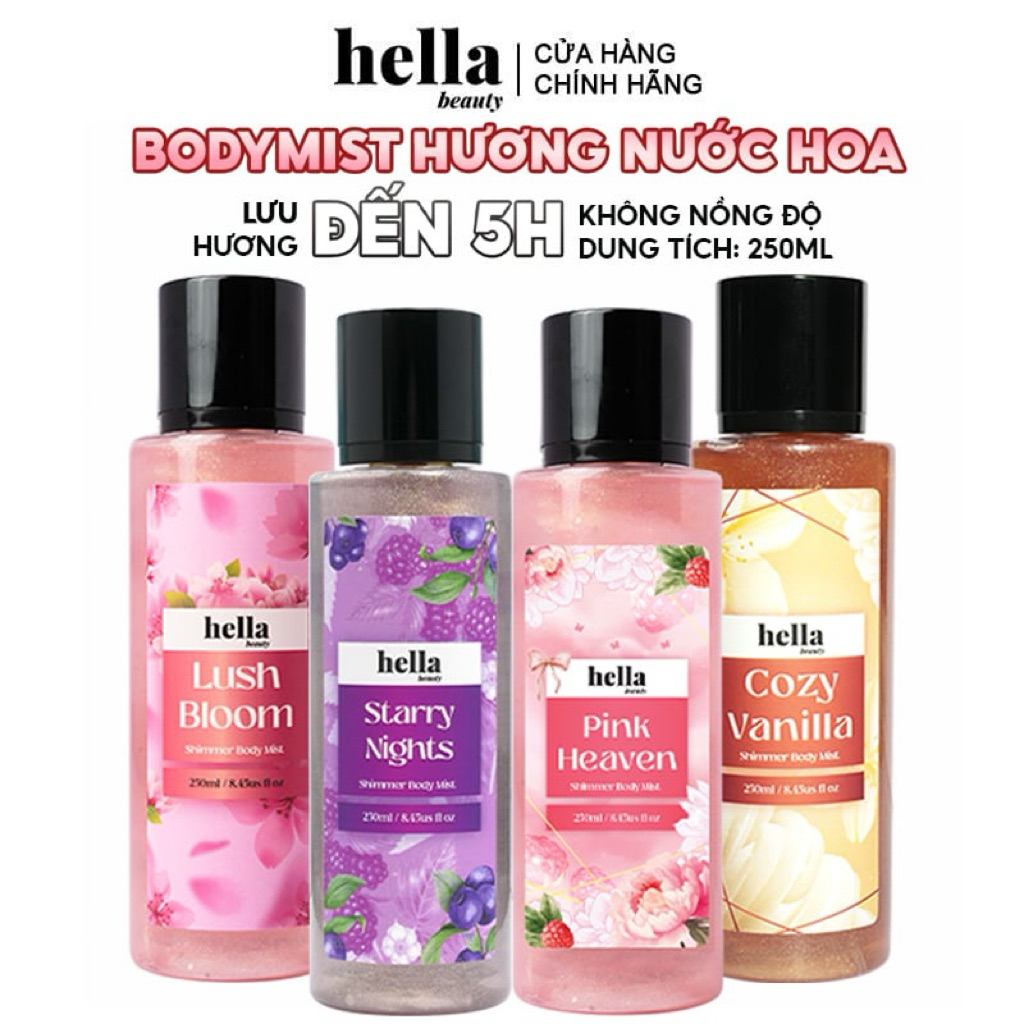 Xịt thơm body mist hương nước hoa Hella Beauty 250ml lưu hương lâu, an toàn cho da nhạy cảm