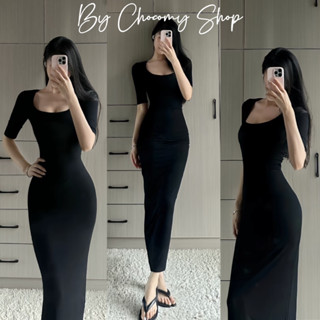 ChocomyShop - Đầm body dáng dài tay lỡ cổ chữ U có đệm vai màu đen tôn dáng cho nữ chất thun cotton 