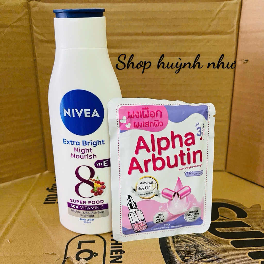 [CHÍNH HÃNG]Combo Sữa dưỡng thể trắng da ban đêm Nivea 200ml + kích trắng Alpha Arbutin vĩ 10 viên