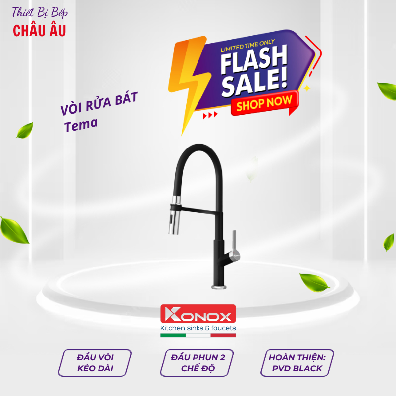 Vòi Rửa Bát Konox Tema Chrome/Nickel/Black – Thân Mềm Linh Hoạt, Công Nghệ Châu Âu, Thiết Kế Sang Tr