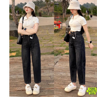 Set Quần Baggy jeans nữ xám khói + croptop cổ bẻ trơn
