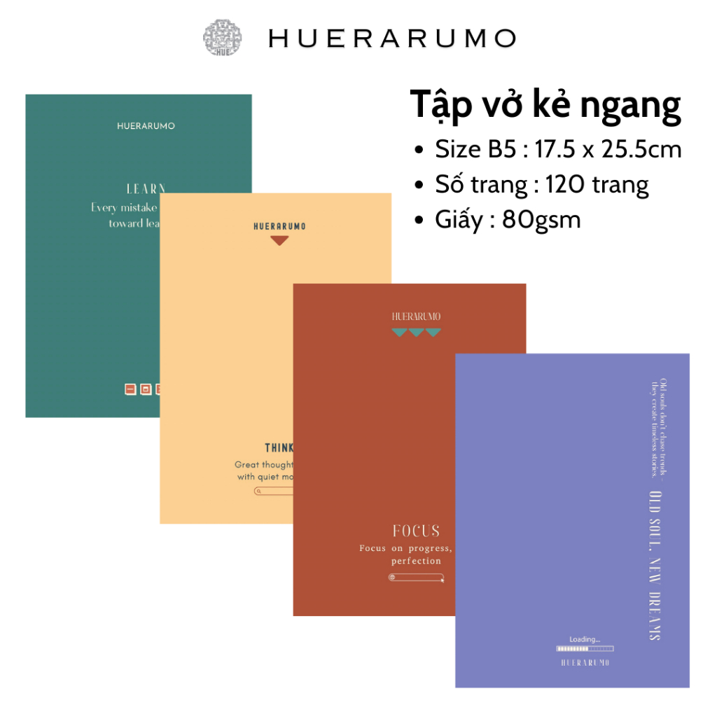 Vở Kẻ Ngang B5 120 Trang HUERARUMO Giấy 80gsm – Bìa Retro Đơn Giản – Vở ghi chép, vở học sinh
