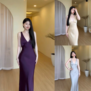 Đầm Lụa Cổ V Hàn Châu Form Dài Dự iệc,Váy Lụa 1 Lớp Không Mút, Không Dây Kéo Sang Chảnh Tôn Dáng Gợi Cảm