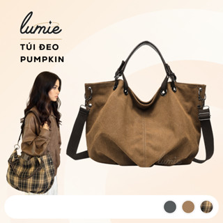 Túi Pumpkin Vải Canvas Phối Quai Da Dày Dặn Nhiều Ngăn Sức Chứa Lớn Đeo Vai Đeo Chéo Đi Làm Đi Học