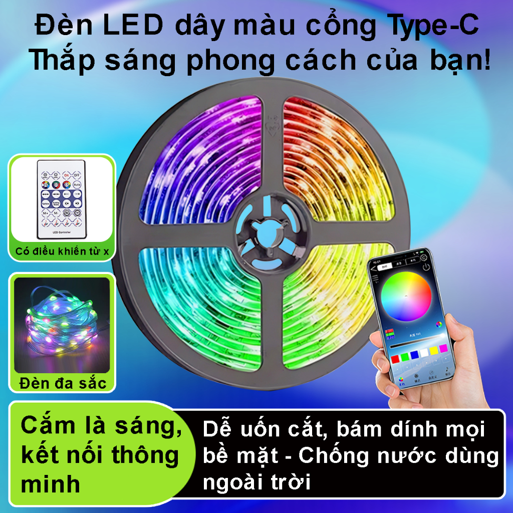 đèn LED RGB 10M-20M trang trí tết, phòng, decor bàn gaming, trang trí tết có điều chỉnh bằng remote 