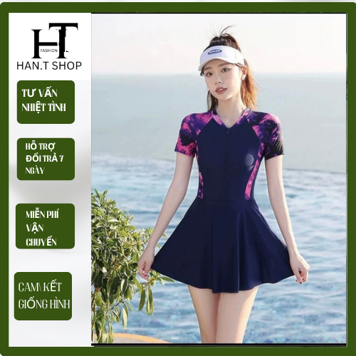 DB073 TNH  [Size M,L,XL]Bikini đồ bơi đi biển một mảnh dây kéo đen phối xám form váy có quần bảo hộ 