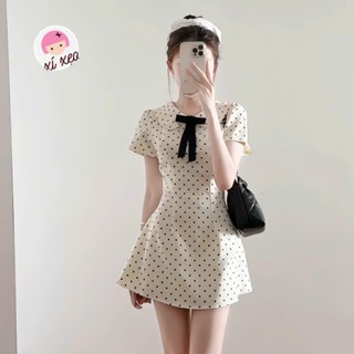 Váy ngắn tay cổ sen đính nơ họa tiết chấm bi chiết eo nhẹ nhàng dáng xòe xixeoshop - V73