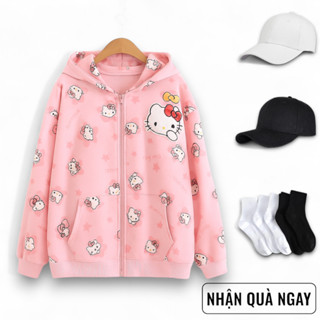 Áo Khoác Hoodie Zip Nón 2 Lớp HELLO KITTY 3D Tay Phồng Khóa Kéo Phao Vải Nỉ Bông Jacket - FAGU