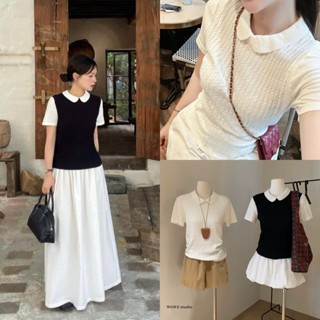 METWO. - Áo len polo mongtoghi vặn thừng cổ sen phối màu WG.WE cộc tay QC mềm mịn co dãn ulzzang tiểu thư Hàn Quốc #6090