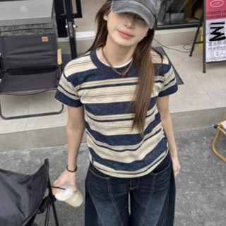 Áo thun nữ form rộng mùa hè cổ tròn áo phông cotton 100% girl phố salute áo phông local brand áo sọc