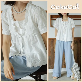 Áo Sơ Mi Babydoll Trắng Tay Ngắn Nữ Kiểu Dáng Vintage Cakecat Dễ Thương Cotton Thoáng Mát