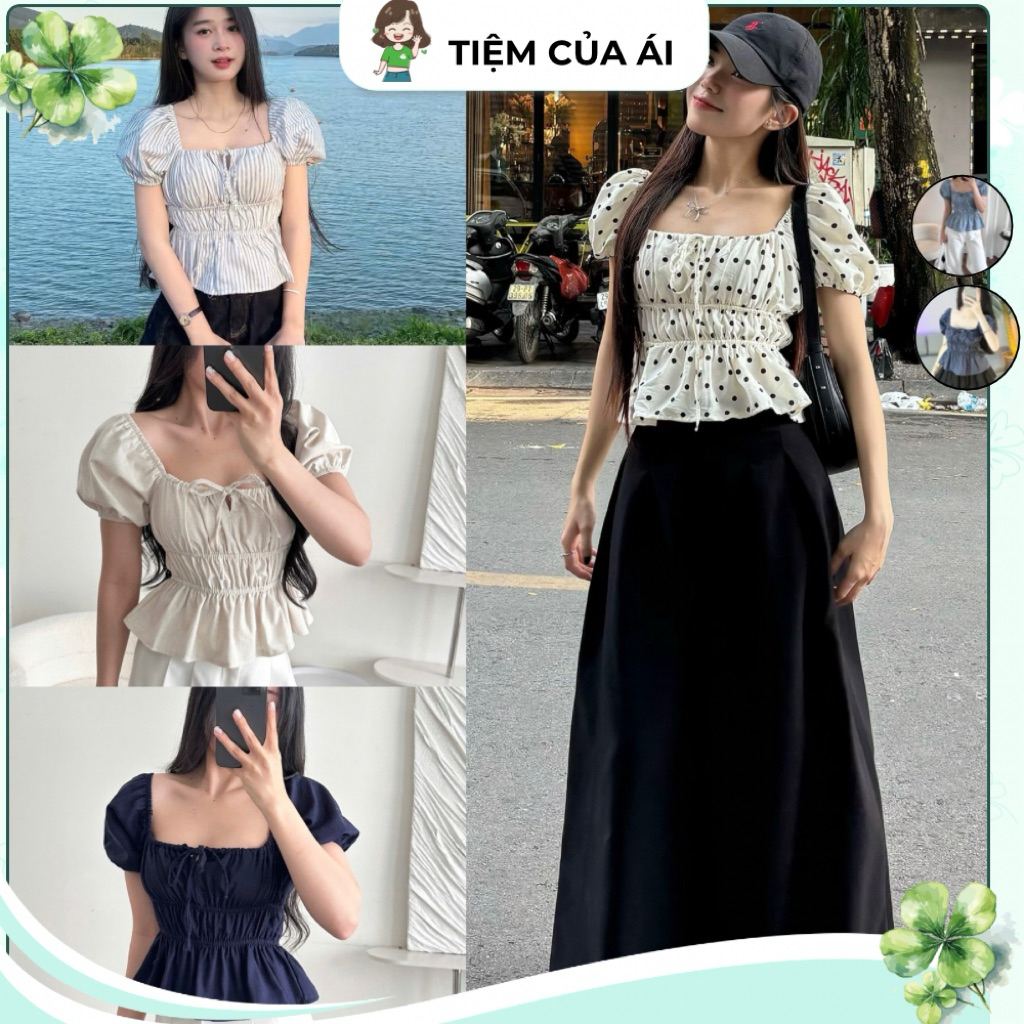 Áo Kiểu Cổ Vuông Babydoll Tay Phồng Linen Thắt Dây Ngực Bo Chun, Áo Nữ Ngắn Tay