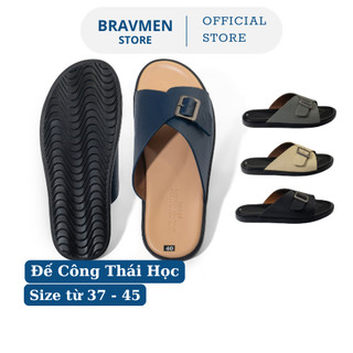 Dép Da Nam Quai Chéo Có Khóa Bravmen Đế Công Thái Học Êm Chân,Chống Trượt, Dáng Mảnh, Size 37–45 K17