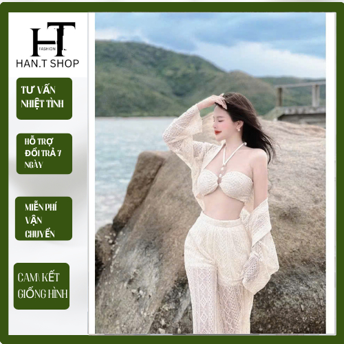 Set đồ bơi nữ 3 món sang chảnh áo CÚP PHỐI KHOEN kèm áo khoác ngoài phối quần ren xinh đẹp đi biển d