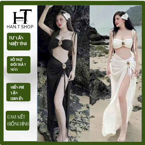 [ BKN 979 ]Bikini đồ bơi đi biển set ba món HAI TANG VÀNG chất ren mềm sang xịn