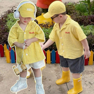  Set đồ bé trai Set áo sơ mi kẻ vàng phối quần đũi trắng cho bé 8-27kg 