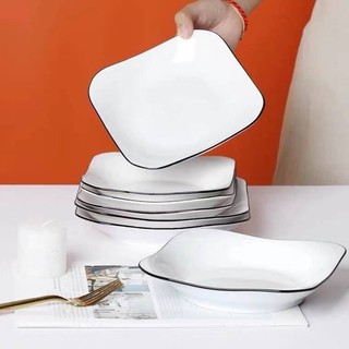  Dĩa Sứ Vuông Vát Cạnh Trắng Viền Đen Size 8.5 và Đĩa Cạn Tròn Nhựa Phíp Trắng Số 7 8. 17cm 21cm 