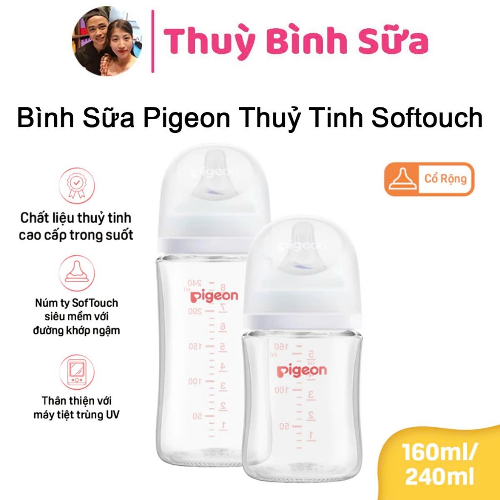 Bình sữa Thuỷ Tinh cổ rộng Pigeon Softouch Baby Friend World 160ml/240ml