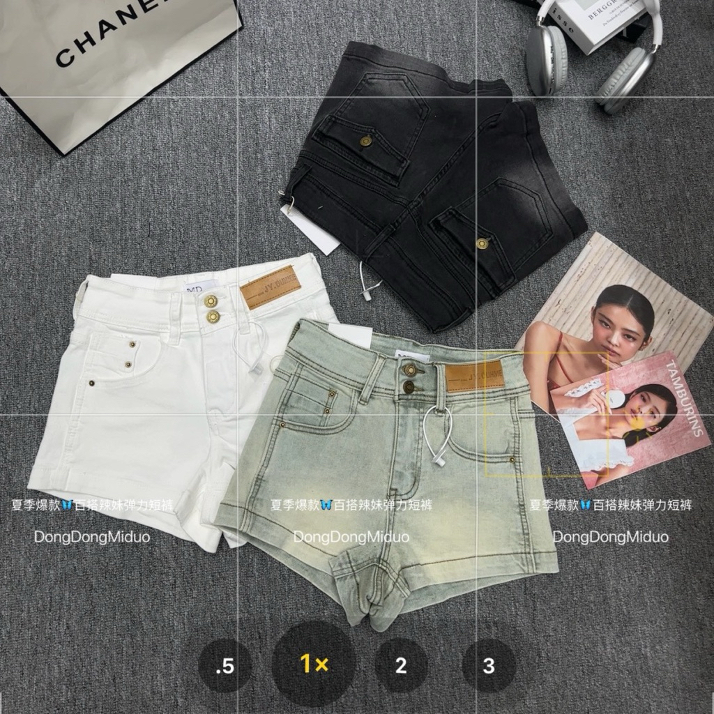 Quần Short Jeans Nữ Lưng Cao Túi Nắp Tag Da 3 Màu Basic Quần Đùi Nữ chất liệu Denim mềm Co Giãn Nhẹ 