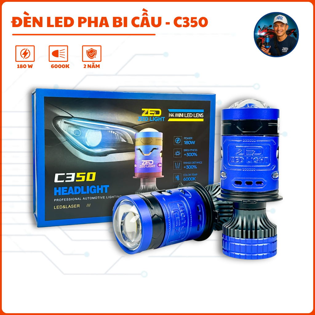 Đèn Pha LED Bi Cầu C350 ZEDLIGHT - 90W - 12V Điện Bình, Chân H4 Lắp Oto Xe Máy - Bảo Hành 24 Tháng