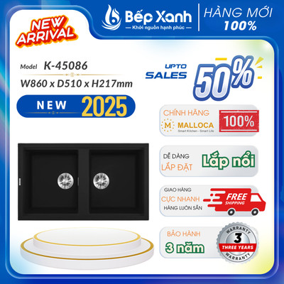 Chậu rửa chén đá Malloca Black K-45086, phủ Nano kháng khuẩn, bảo hành 3 năm chính hãng