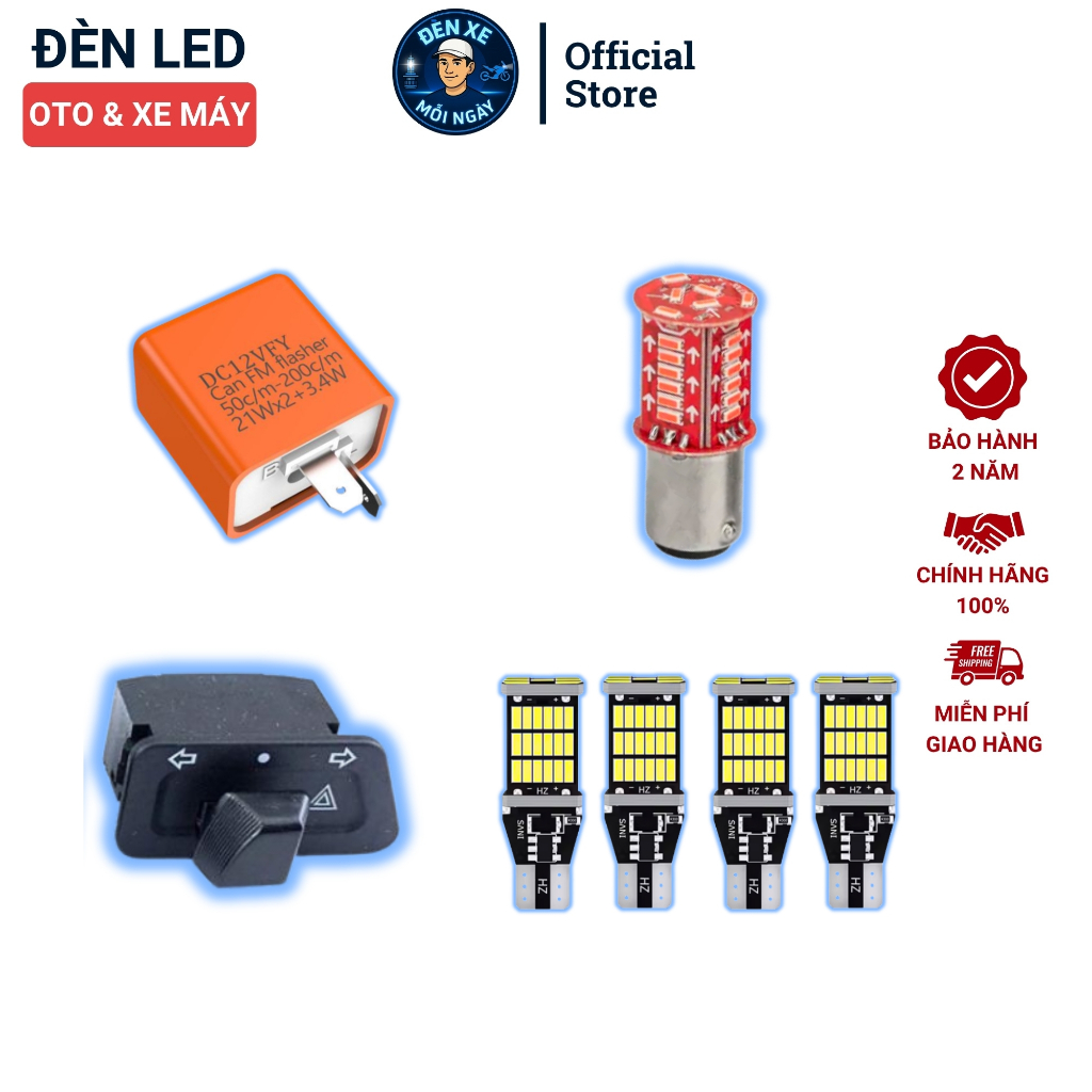 Combo 4 Xi Nhan LED T15 7 Màu + Rơ-le Điều Chỉnh Tốc Độ + Hậu Audi LED + Công Tắc Hazard – Full Bộ X