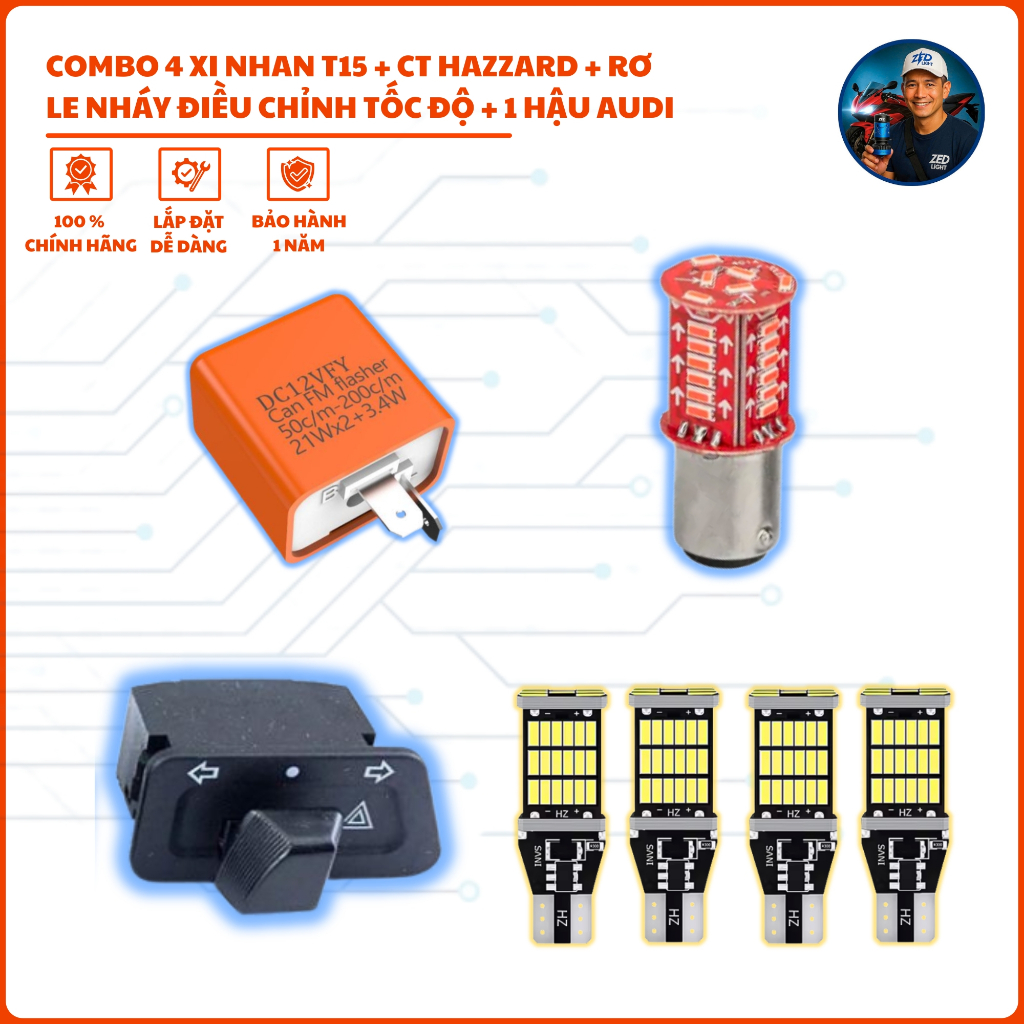 Combo 4 Xi Nhan LED T15 7 Màu + Công Tắc Hazard + Rơ-le Điều Chỉnh Tốc Độ + Hậu Audi LED – Full Comb