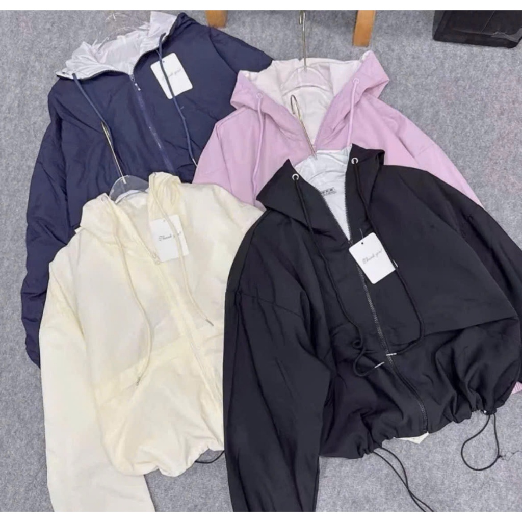 Áo Khoác Croptop Gió Dù Nhăn 2 Lớp Có NÓN Bo Dây Rút Dáng Ngắn Phong Cách Basic Cánh Dơi Ulzzang NUP