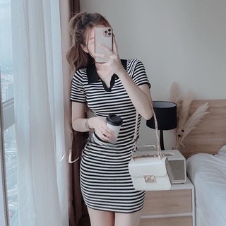 Đầm Body Sọc Cổ Bẻ Xẻ V