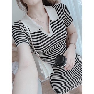 Đầm Body Sọc Cổ Bẻ Xẻ V