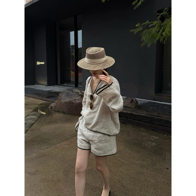 SET LINEN TAY DÀI VIỀN LAI MẢNH MIX QUẦN ĐÙI LƯNG CAO ỐNG RỘNG SIÊU XINH PHONG CÁCH HÀN QUỐC | BigBuy360 - bigbuy360.vn