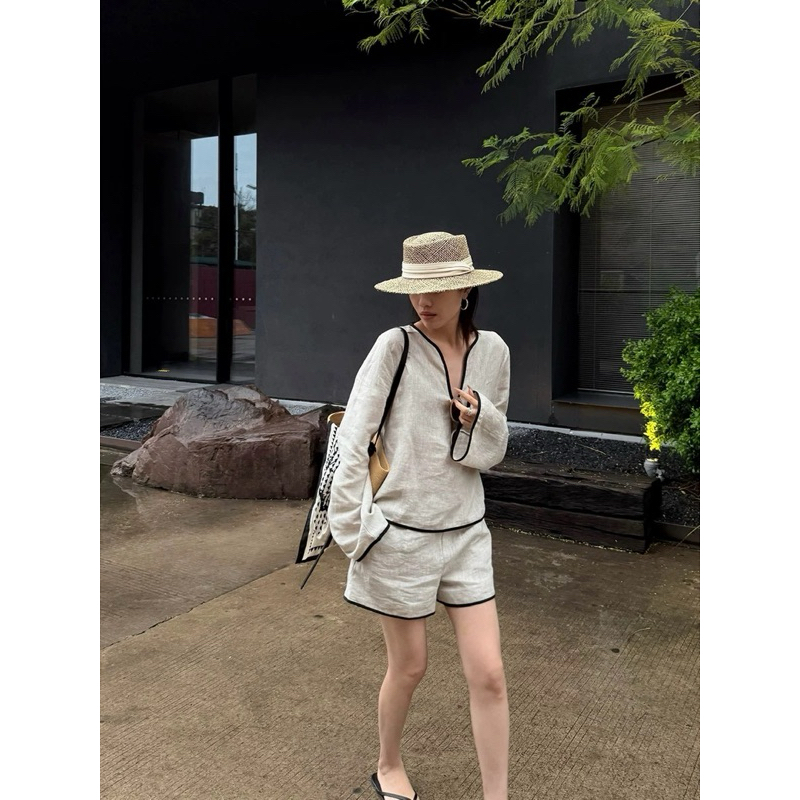SET LINEN TAY DÀI VIỀN LAI MẢNH MIX QUẦN ĐÙI LƯNG CAO ỐNG RỘNG SIÊU XINH PHONG CÁCH HÀN QUỐC | BigBuy360 - bigbuy360.vn