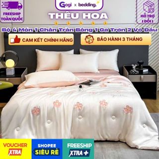Bộ Chăn Ga Gối 4 Món Phi Lụa Thêu Hoa Bộ 4 Món Gồm Chăn Lụa Trần Bông, Ga Giường Lụa Và 2 Vỏ Gối Đầu