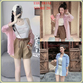 Set 4 Món Áo Sơ Mi Kẻ Xanh,Hồng Phối Áo Be Ba Lỗ Quần Sort Kaki Kèm Thắt Lưng Da Ôm Body Siêu Xinh