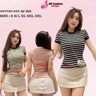 Áo thun sọc viền nữ chiết eo basic cổ tròn, áo phông nữ ôm body cộc ngắn tay HP52