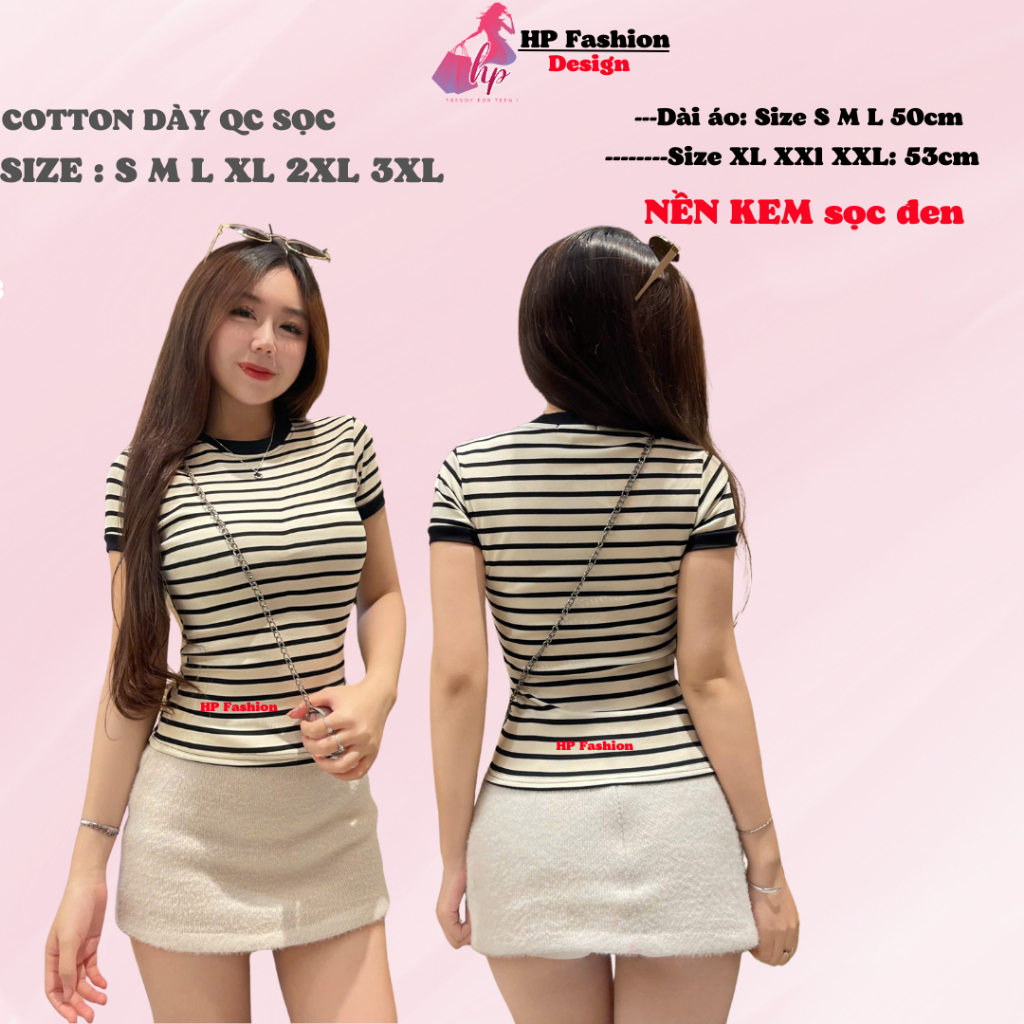 Áo thun sọc viền nữ chiết eo basic cổ tròn, áo phông nữ ôm body cộc ngắn tay HP52 | BigBuy360 - bigbuy360.vn