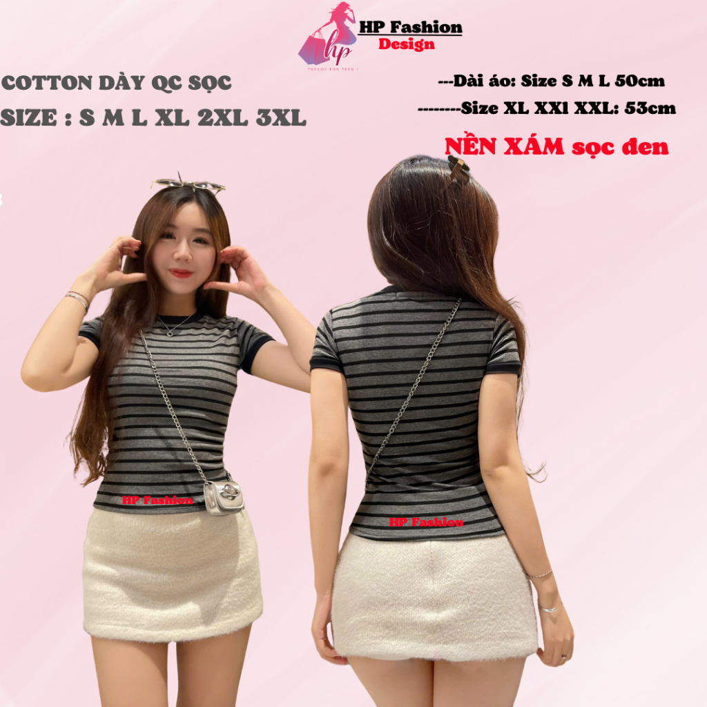 Áo thun sọc viền nữ chiết eo basic cổ tròn, áo phông nữ ôm body cộc ngắn tay HP52 | BigBuy360 - bigbuy360.vn