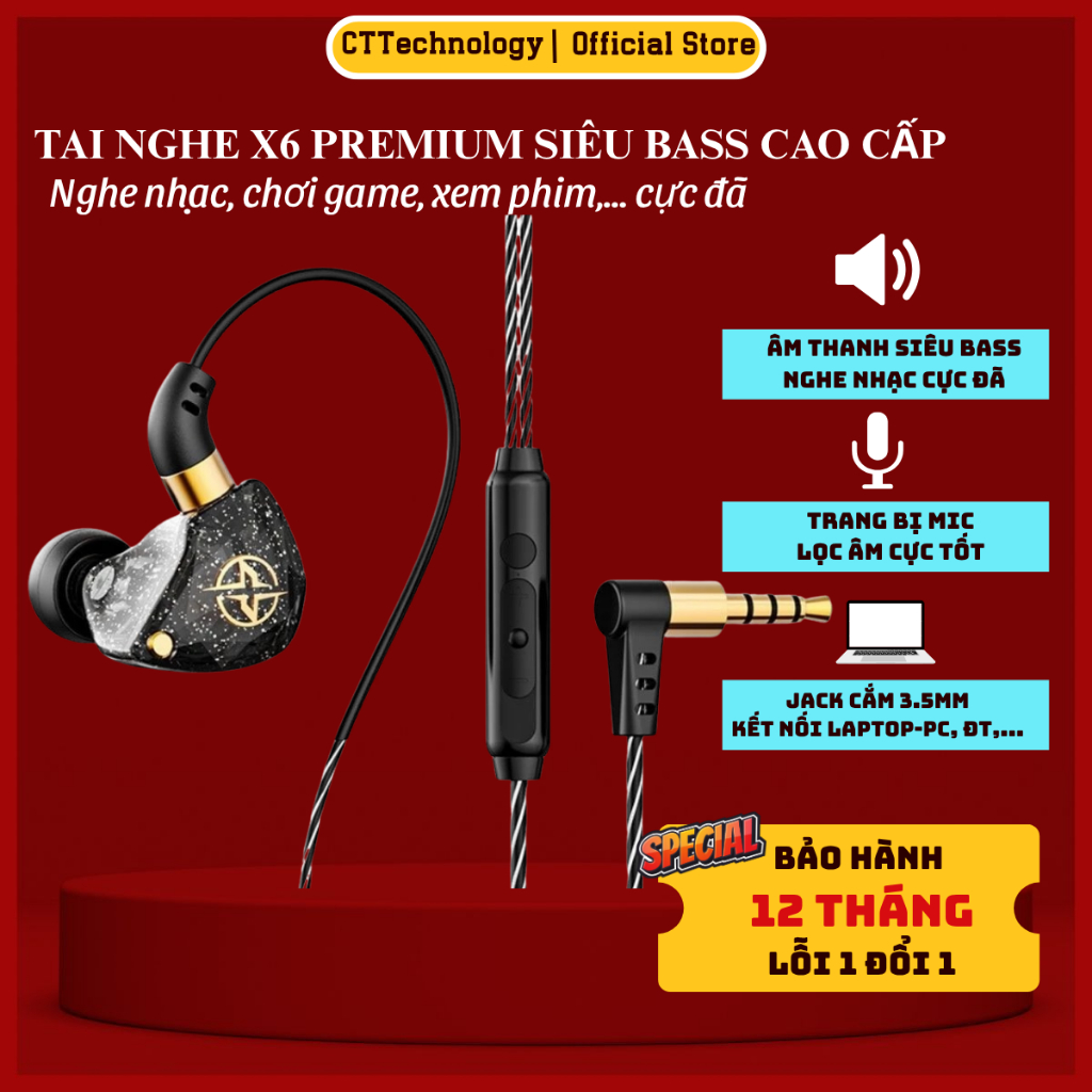 Tai Nghe Nhét Tai Có Dây CTTech X6 Premium, Chống Ồn Cực Tốt, Âm Thanh Super Bass,Có Mic-BH12T