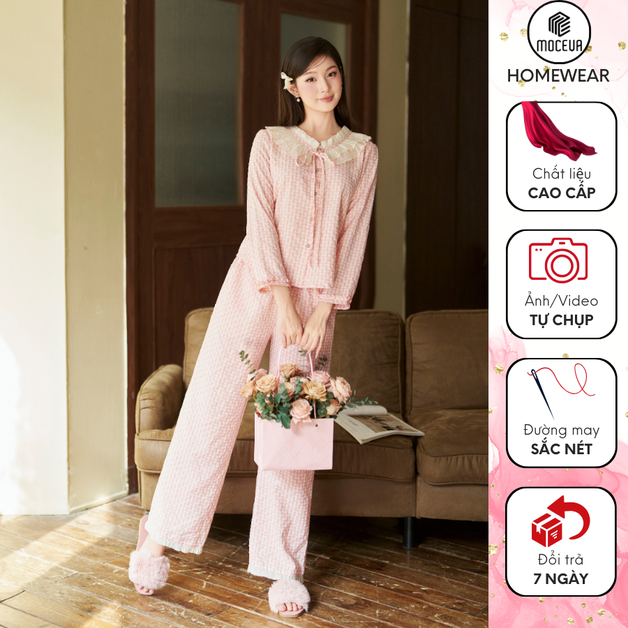 Bộ Đồ ngủ mặc Nhà Mộc Eva Thiết Kế Bèo Nhún Ở Cổ Màu Hồng Xinh Xắn Dễ Mặc Thoải Mái TD2431