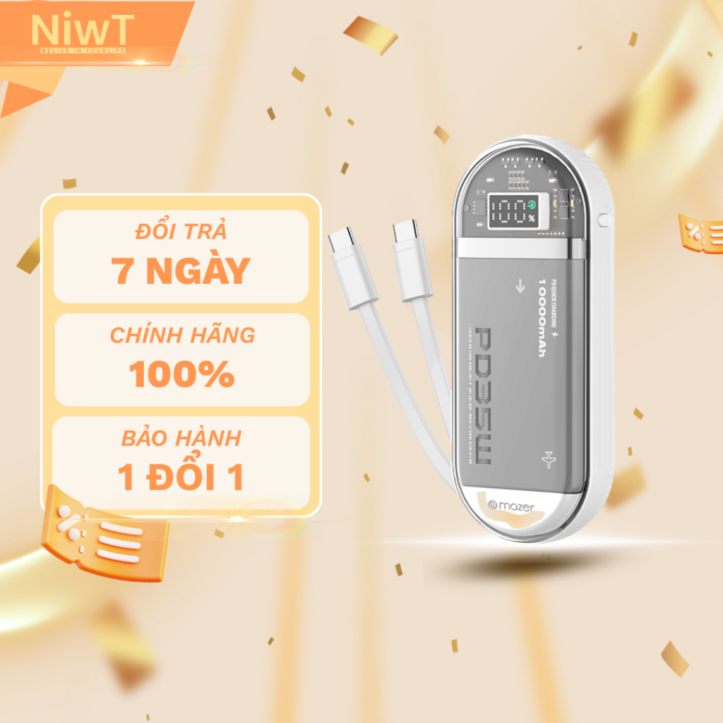 Pin Sạc Dự Phòng Mazer PowerCharge Link 1035 PD35W 10000mAh Sạc Nhanh 35W, Tích Hợp 02 Dây Type C