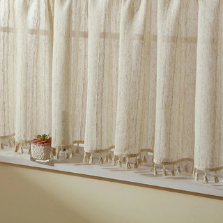 (TẶNG KEO DÁN) Rèm dán vải lanh mộc biên rua vintage trang trí nhà cửa, lan can, kệ bếp tiện lợi