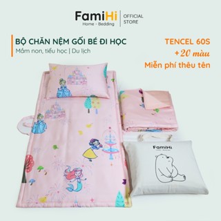 Bộ chăn nệm gối lụa Tencel 60S bé gái đi học mầm non tiểu học FamiHi cao cấp, mền trẻ em 100%Lyocell